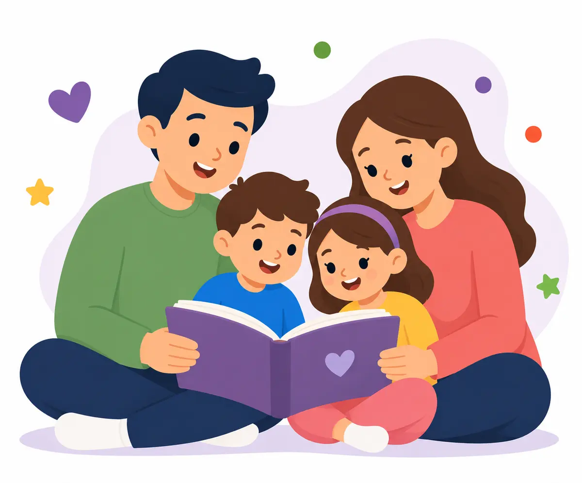 Una familia compartiendo una lectura